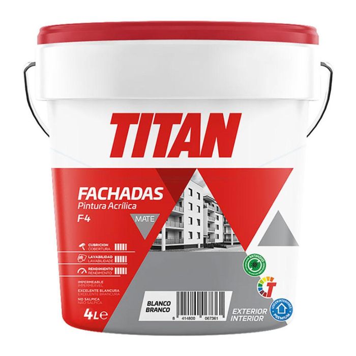 Titan Pintura acrílica blanco mate para fachadas 4 l F-4 125670004 - Interior/exterior, impermeable, transpirable 0 Titan Pintura acrílica blanco mate para fachadas 4 l F-4 125670004 - Interior/exterior, impermeable, transpirable 0
