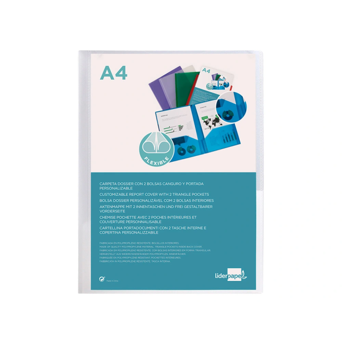 Liderpapel Carpeta Dossier con 2 Bolsas Canguro 45684 Polipropileno DIN A4 Transparente 2