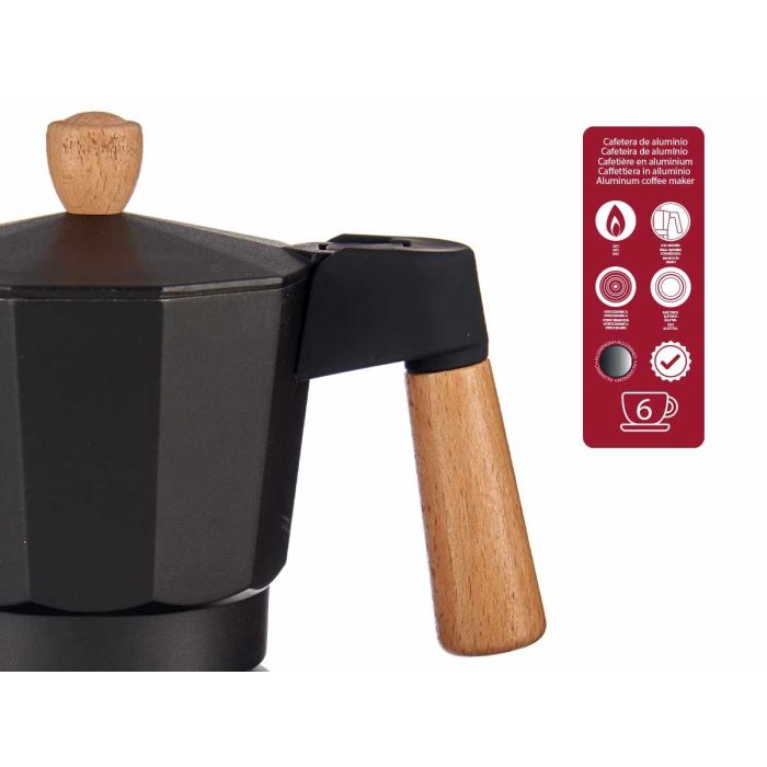 Cafetera Kinvara Aluminio 6 Tazas Negra con Asa de Madera, 16x19.5x10 cm (12 Unidades) 3 Cafetera Kinvara Aluminio 6 Tazas Negra con Asa de Madera, 16x19.5x10 cm (12 Unidades) 3