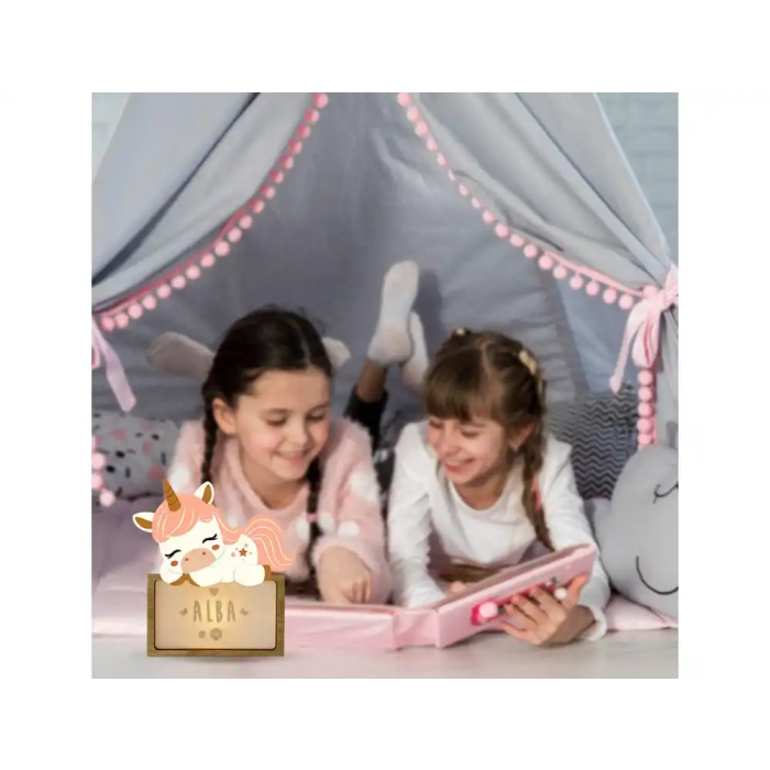 Wondee Lampara infantil personalizable Little Sleeping Unicorn, Luz quitamiedos, Madera sostenible, Regalo original 3