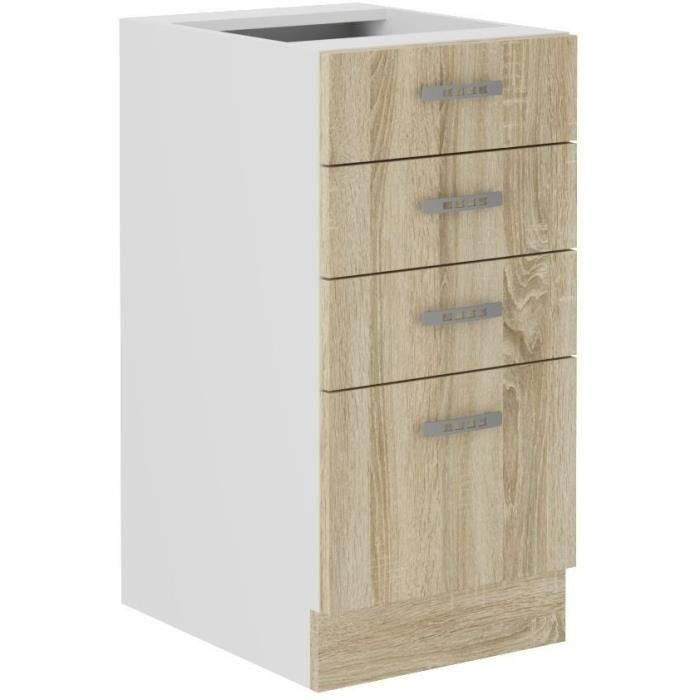 Mueble bajo SARA - 4 cajones - Decoración roble Sonoma - L40xP48xH82 cm - Encimera no incluida - Fabricado en Polonia Mueble bajo SARA - 4 cajones - Decoración roble Sonoma - L40xP48xH82 cm - Encimera no incluida - Fabricado en Polonia