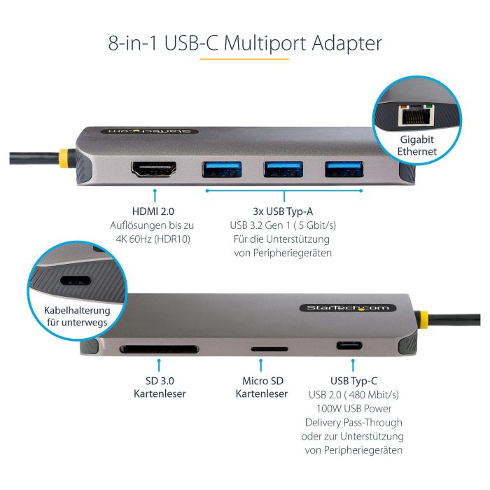 Startechcom 115B-USBC-MULTIPORT Docking Station USB-C, HDMI 4K 60Hz, 100W PD, 3x USB-A, Ethernet Gigabit, Lector SD/MicroSD, Compatible Multiplataforma 4