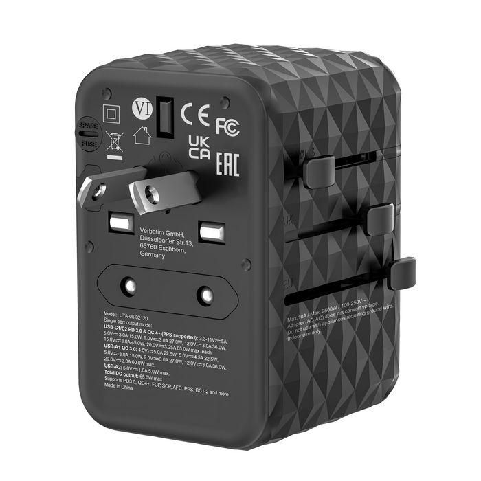 Verbatim Adaptador Universal de Viaje UTA-05 con 2 Puertos USB-C (65W PD/PPS/QC4+) y 2 Puertos USB-A (60W QC3.0), Negro 9