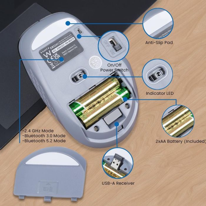 Ewent EW3243 Ratón Inalámbrico Triple Conexión Bluetooth 3.0/5.2 y 2.4GHz Clic Silencioso 3200 DPI Multi-dispositivo Negro Gris 5 Ewent EW3243 Ratón Inalámbrico Triple Conexión Bluetooth 3.0/5.2 y 2.4GHz Clic Silencioso 3200 DPI Multi-dispositivo Negro Gris 5