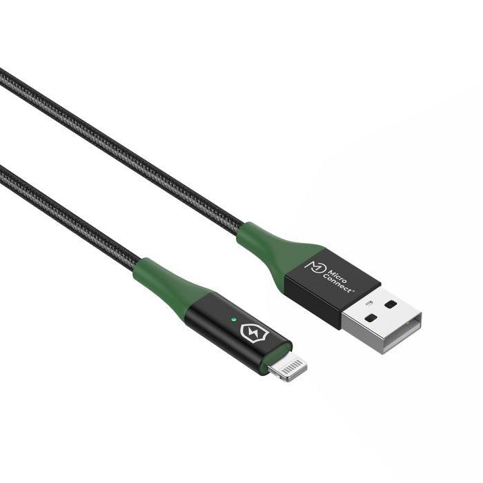 MicroConnect Cable Smart Charge MFI USB-A a Lightning 2m Negro/Verde con Apagado Automático y Indicador LED para Extender Vida Útil Batería 2