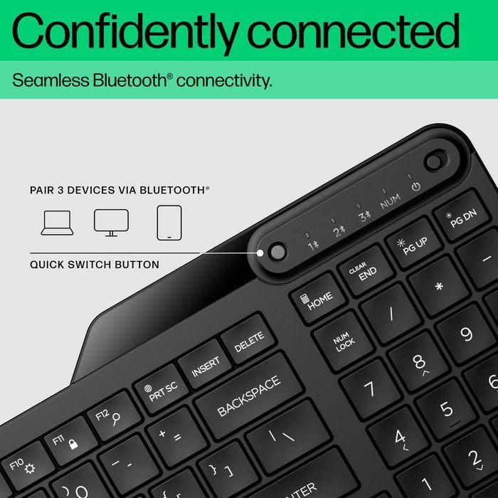 HP Bluetooth keyboard with multi-device connectivity, supports up to three devices, full-sized with numpad, spill-resistant design. 5 HP Bluetooth keyboard with multi-device connectivity, supports up to three devices, full-sized with numpad, spill-resistant design. 5