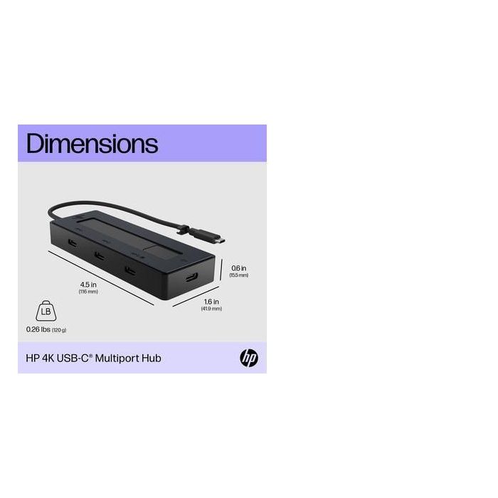 HP Concentrador USB Tipo-C 6G843AA | 3xUSB Tipo-C y 1xUSB Tipo-C PD 65W | 2x10Gbps | Multipuerto para Carga y Pantalla 4K | Compatible con Múltiples SO