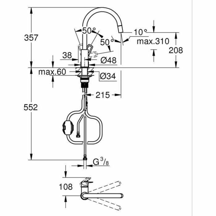 Grohe 30556000 Grifo de cocina Mezclador monomando de fregadero Cromo, Caño alto en C, Aireador extraíble StartLoop 1