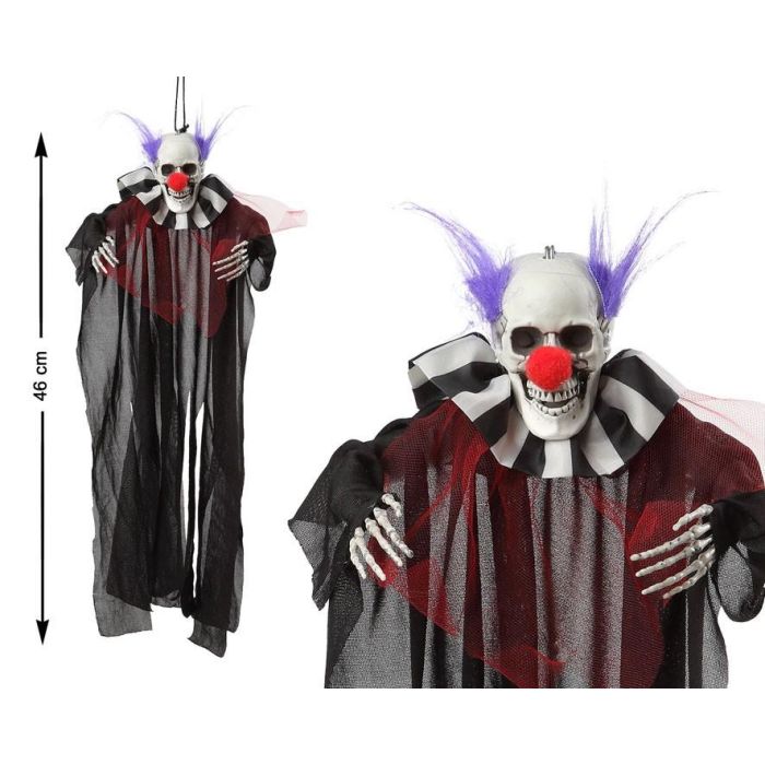 Payaso Esqueleto Colgante 46 cm Pelo Morado Nariz Roja - Decoración Halloween Fiestas Miedo