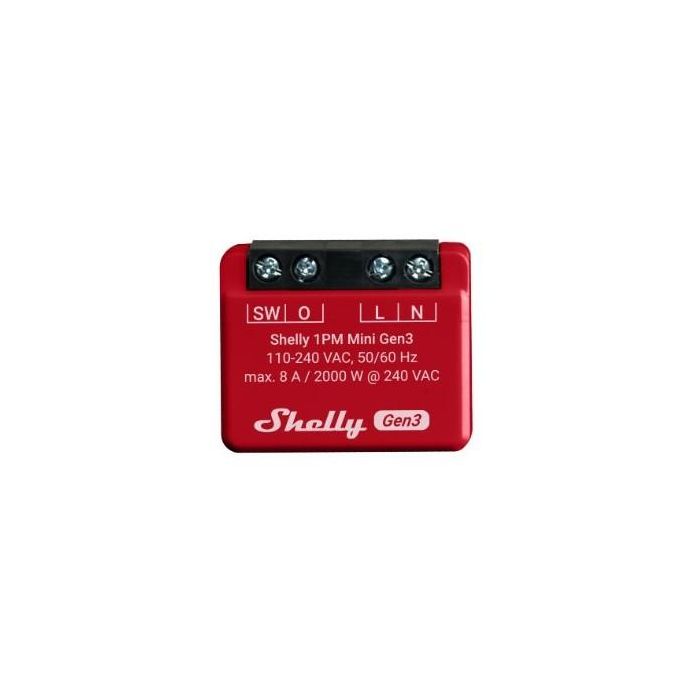 Shelly 1PM Mini Gen. 3 Relé WLAN Bluetooth con Medición de Potencia 8A 1 Canal Empotrable