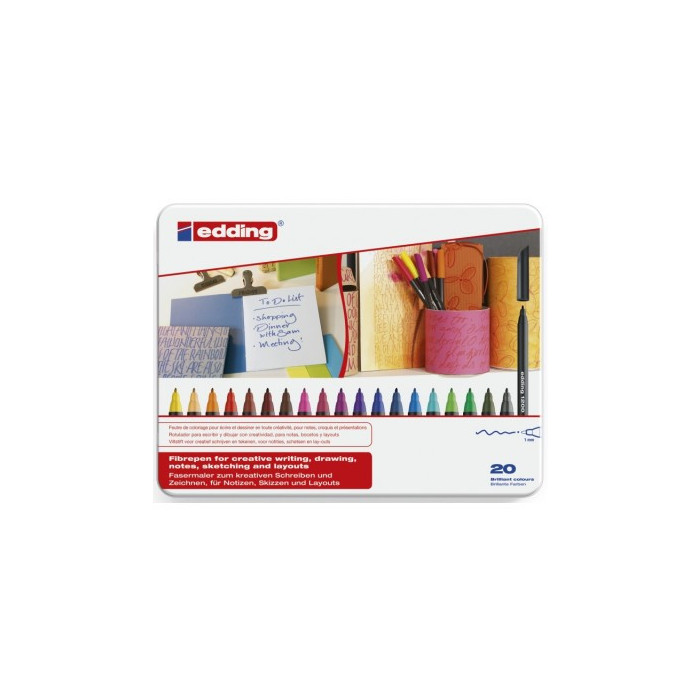 Edding 1200-20-S Estuche 20 Rotuladores Punta Fina 0.5-1mm Negro y Multicolor