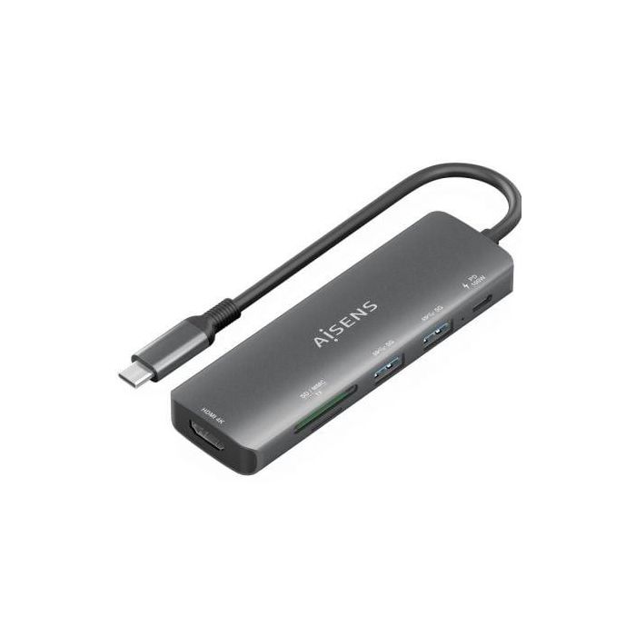 Aisens ASUC-6P023-GR Docking USB-C 6 en 1 con HDMI 4K, Power Delivery 100W, 2xUSB 3.0 y Lector de Tarjetas SD/Micro SD para Portátil Gris