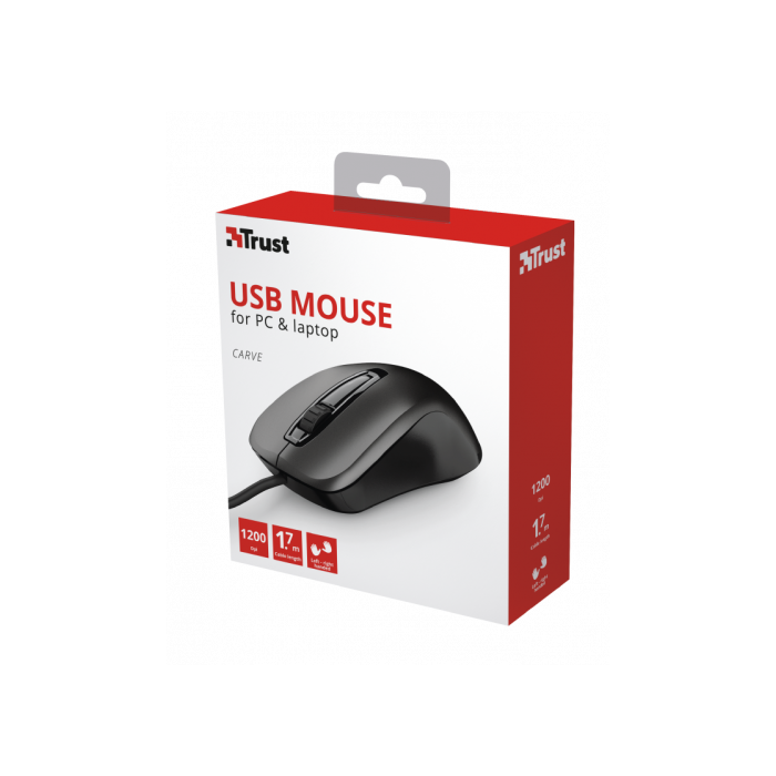Trust Ratón Óptico Carve con Cable USB 1200DPI Ambidiestro 3 Botones Negro 9