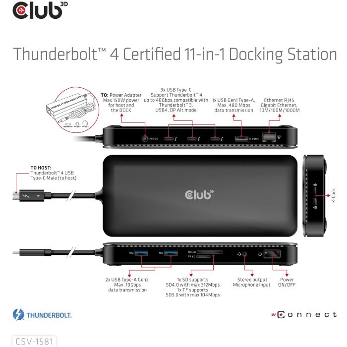 Club3D Docking Station Thunderbolt 4 11-en-1 para 2 Pantallas, USB, Ethernet, Lector SD, 140W Negro 3 Club3D Docking Station Thunderbolt 4 11-en-1 para 2 Pantallas, USB, Ethernet, Lector SD, 140W Negro 3