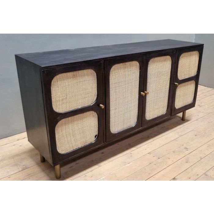DKD Home Decor Buffet Moderno Negro Natural de Mango y Ratán con 4 Puertas, 3 Estanterías y Desmontable, 150 x 40 x 78 cm