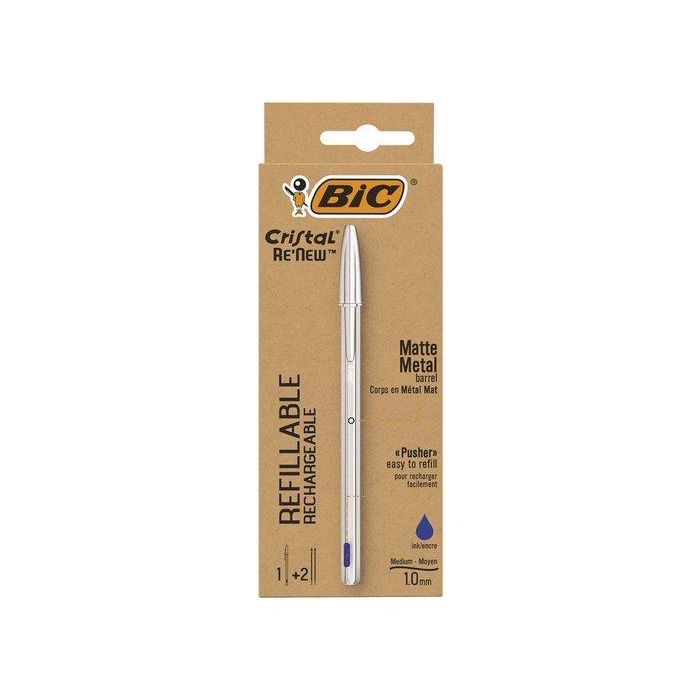 Bic Bolígrafo Cristal ReNew, Cuerpo Aluminio Mate, Tinta Azul, Punta Media 1.0mm, Con 2 Recambios, Diseño Sostenible