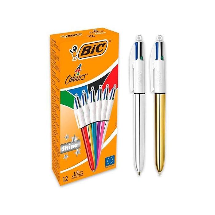 Bic Bolígrafo 4 Colores Shine Silver Cuerpo Blanco-Surtido Metálico Caja 12 Ud