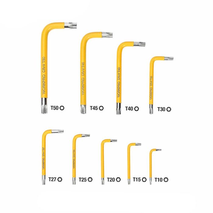 Workpro Juego de 9 Llaves Torx de Seguridad T10-T50 Acero Cromo-Vanadio Amarillas 3 Workpro Juego de 9 Llaves Torx de Seguridad T10-T50 Acero Cromo-Vanadio Amarillas 3