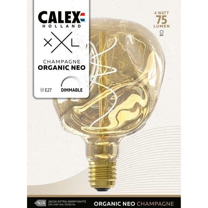 Bombilla LED E27 - CALEX - G125 NEO ORGANIC - Filamento flexible - 4 W - 75 lm - 1800 K - Regulable - Champán 1 Bombilla LED E27 - CALEX - G125 NEO ORGANIC - Filamento flexible - 4 W - 75 lm - 1800 K - Regulable - Champán 1
