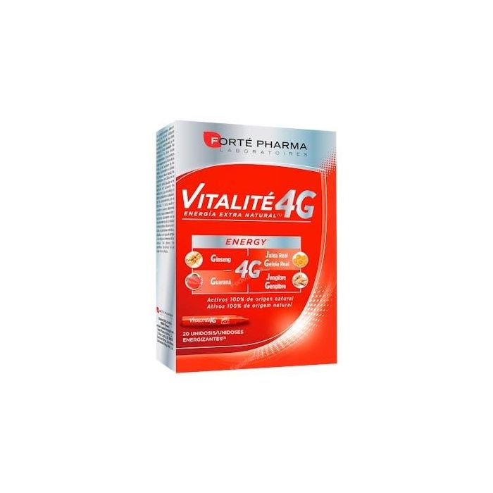 Forté Pharma VITALITÉ 4 energy Complemento Energético con Jalea Real, Ginseng, Guaraná, Jengibre y Vitamina C 20 Viales Antifatiga