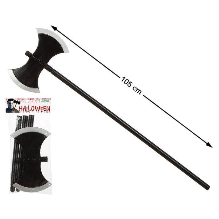 Hacha Decorativa Desmontable Negra Doble Hoja 105 cm para Halloween, Disfraces de Verdugo, Vikingo