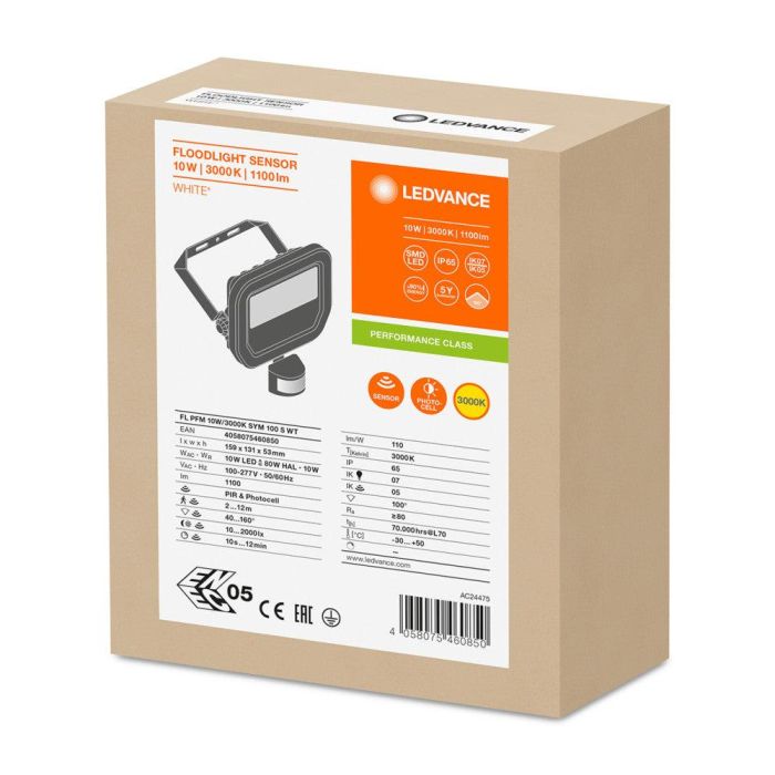 [LVE-4058075460850] Foco Proyector LED Ledvance   10W 1100Lm 3000K 100 x 100º IP65 Sensor - Blanco Cálido 1