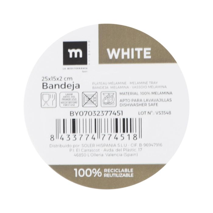 La Mediterranea Bandeja Melamina Mate White 25 x 15 x 2 cm (12 Unidades) 1