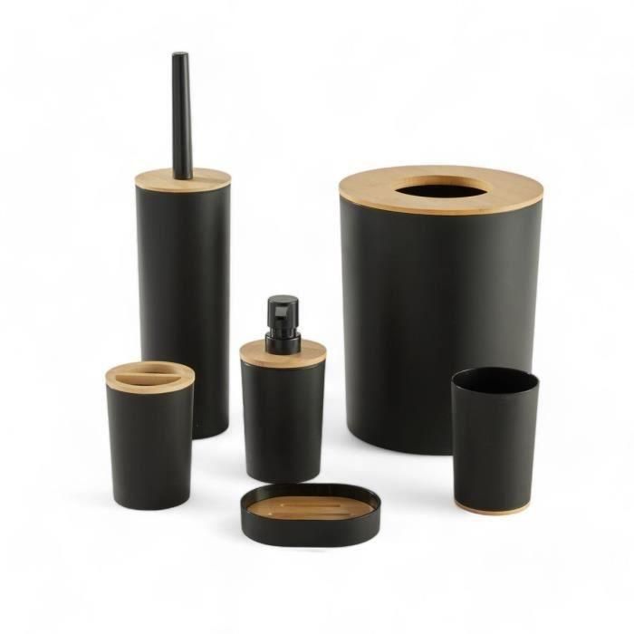 Today TOD3574641271459 Set de 6 Accesorios de Baño Negro - Dispensador de Jabón, Vaso, Portacepillos, Jabonera, Escobilla, Cubo de Basura