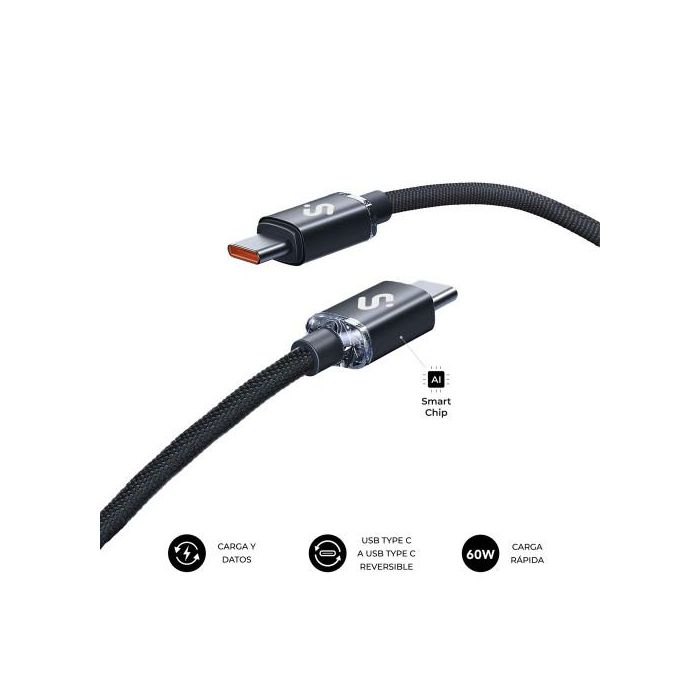 Subblim SUBCAB-C06001 Cable USB-C a USB-C Optimus Carga Rápida PD 60W 480Mbps Nylon Trenzado 1m Negro para iPhone Samsung MacBook 1