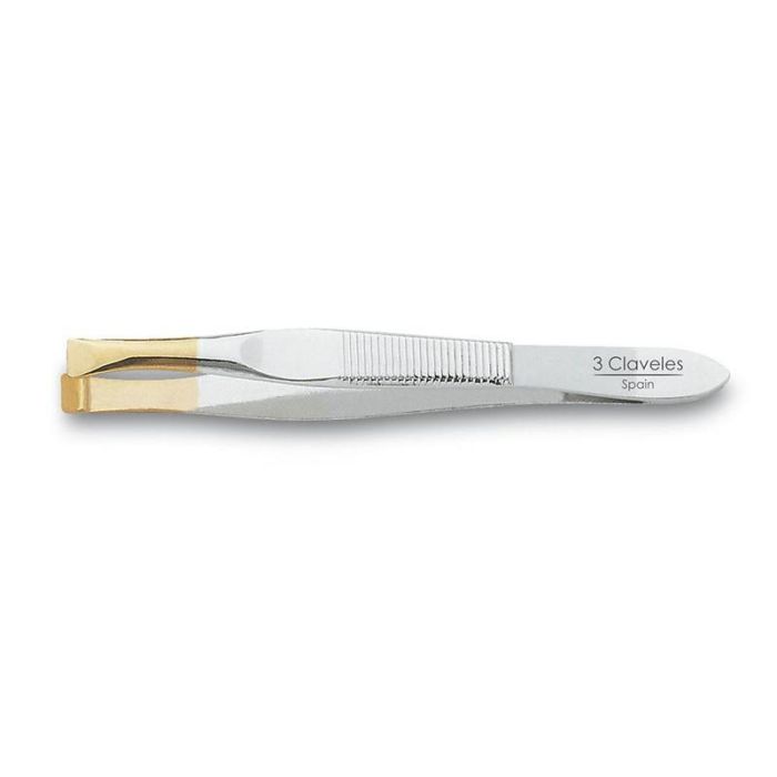 Pinza Depilar Ancha 8 cm con Apoya Dedos y Punta Dorada - Tres Claveles Pinza Depilar Ancha 8 cm con Apoya Dedos y Punta Dorada - Tres Claveles
