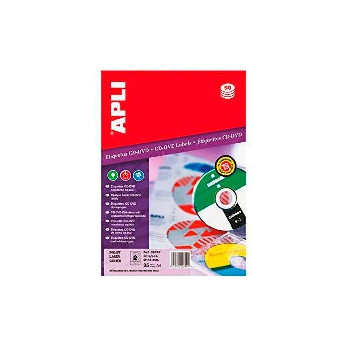 Apli Etiquetas Adhesivas Para Cd-Dvd Tamaño Clásico Inkjet-Láser 2 X 25H Dorso Opaco Apli Etiquetas Adhesivas Para Cd-Dvd Tamaño Clásico Inkjet-Láser 2 X 25H Dorso Opaco