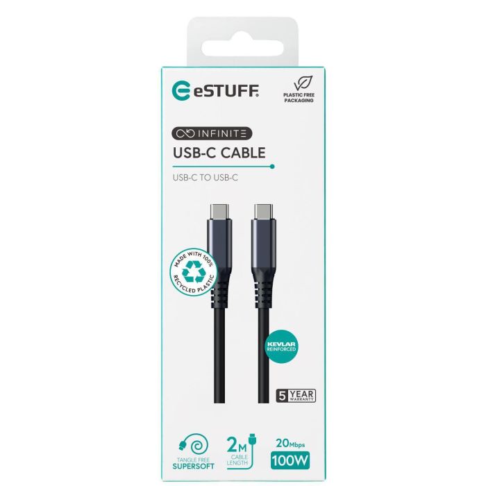 eSTUFF INFINITE Super Soft USB-C Cable | USB4 Gen2x2 | 2m | 100W | 20Gbps | 8K/60Hz | 100% Recycled PVC Free Plastic 2 eSTUFF INFINITE Super Soft USB-C Cable | USB4 Gen2x2 | 2m | 100W | 20Gbps | 8K/60Hz | 100% Recycled PVC Free Plastic 2