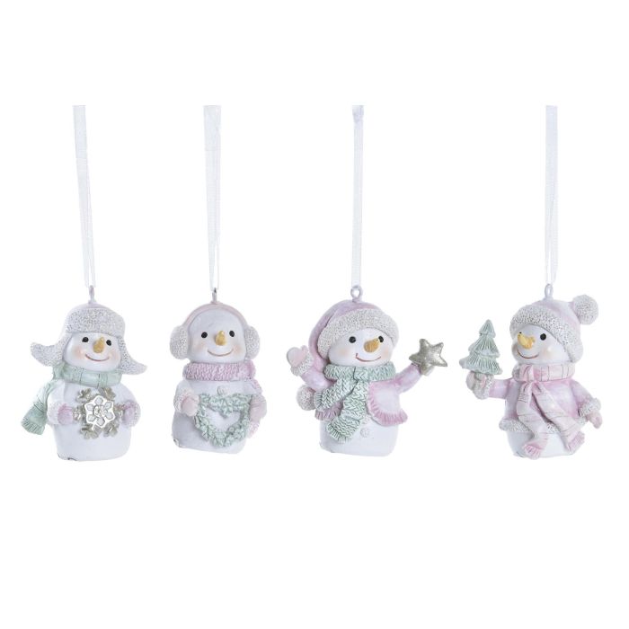 DKD Home Decor Decoración Colgante Navidad Fantasía Muñeco de Nieve Resina Blanco Rosa Verde 3.5x6x5.5cm (Set 12 Unidades)