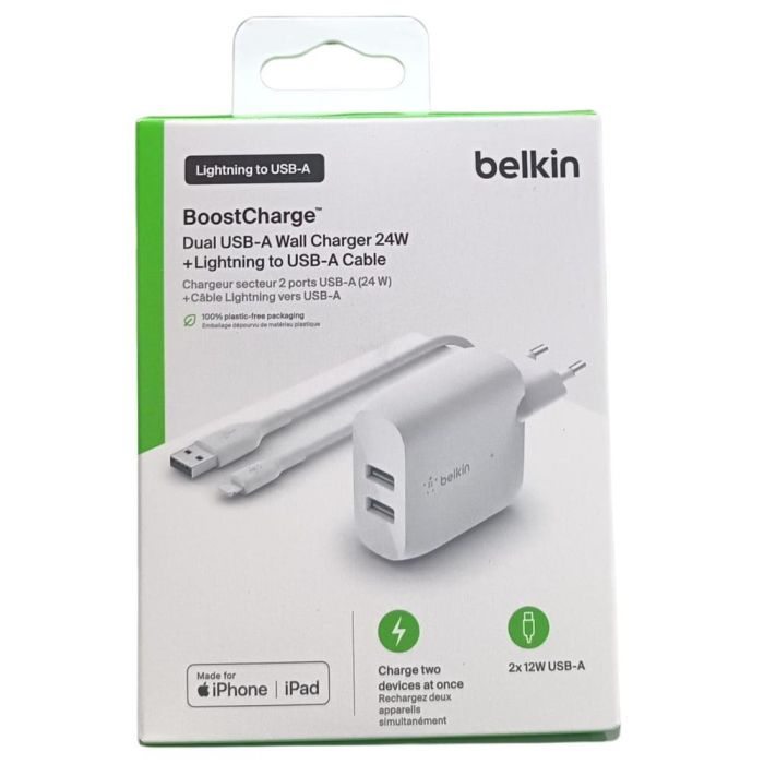Belkin WCD001VF1MWH Cargador de Pared Duo 24W 2x USB-A con Cable Lightning 1m Blanco para iPhone iPad 1