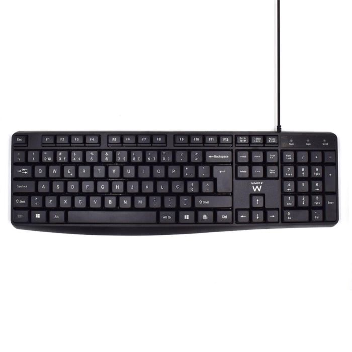 Ewent EW3002 Teclado de Oficina USB Alámbrico QWERTY Portugués Completo 100% con Teclado Numérico, Membrana, Altura Ajustable, Teclas Windows, Negro