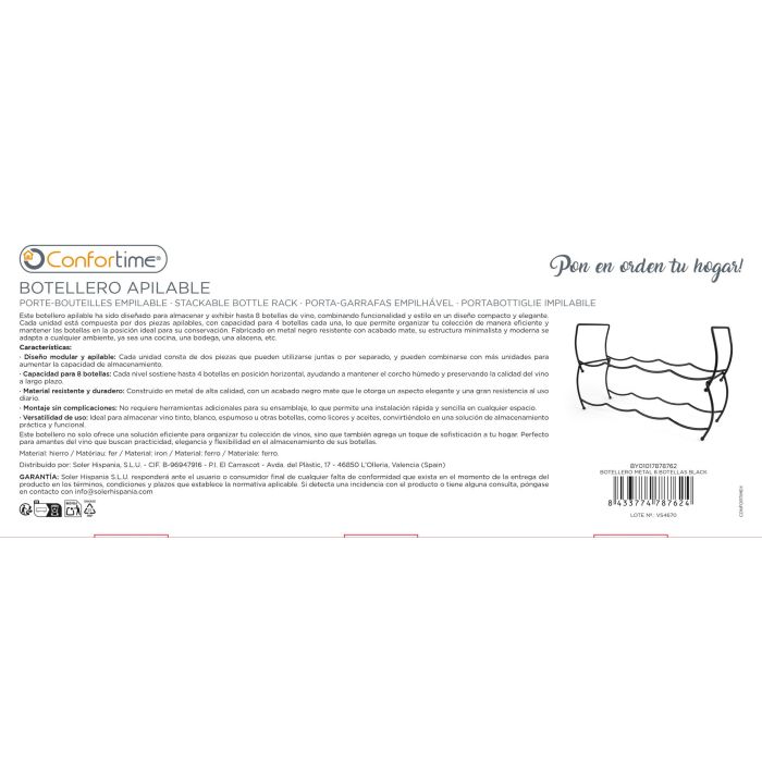 Confortime Botellero Metal Negro para 8 Botellas 44,5 cm 4 Confortime Botellero Metal Negro para 8 Botellas 44,5 cm 4