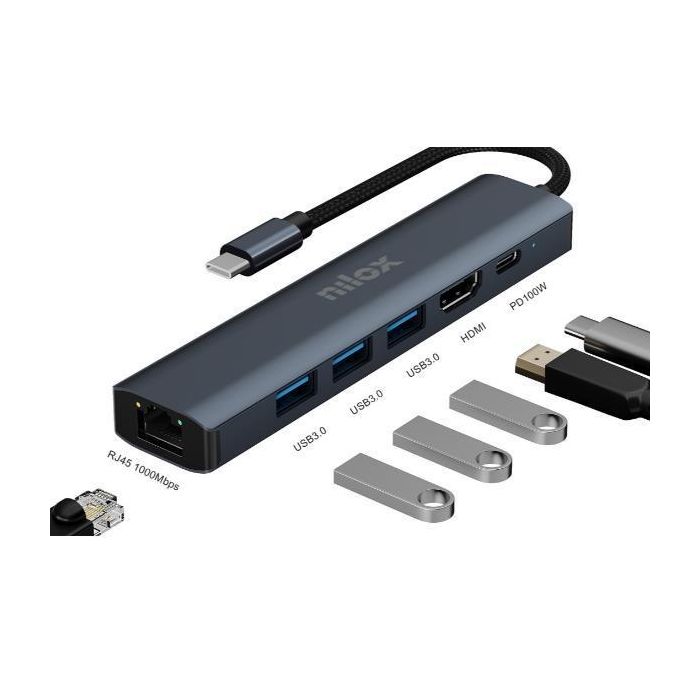 Nilox Dock Station Usb-C 6 Puertos: 1 X Hdmi 4K, 3 X Usb 3.0 , Usb-C Y Rj45 gris Nilox Dock Station Usb-C 6 Puertos: 1 X Hdmi 4K, 3 X Usb 3.0 , Usb-C Y Rj45 gris