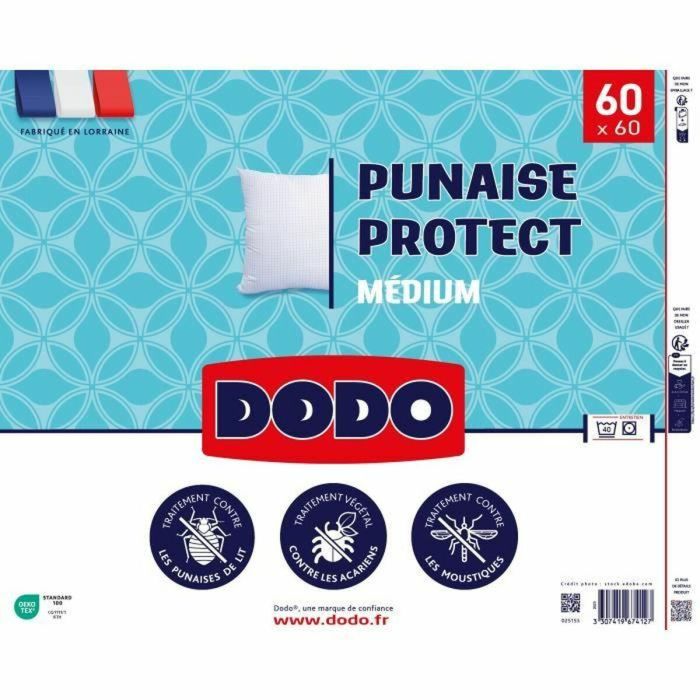 Almohada mediana DODO 60x60 cm - Protección antiinsectos y antiácaros - 550 gr - Blanco - Hecho en Francia 1