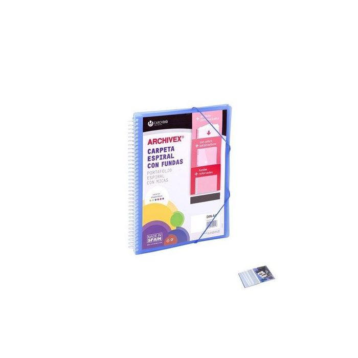 Carchivo Archivex-Star Carpeta Espiral PP Extra 80 Fundas A4 con Sobre y Cierre de Gomas Azul