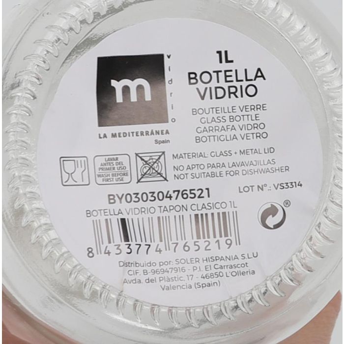 Botella de vidrio con tapón clásico 1L - La Mediterranea (24 Unidades) 4