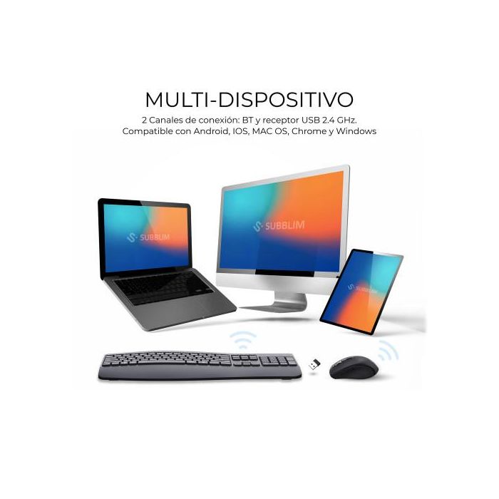 Subblim COMBO DUAL OFFICE PROWAVE BLACK - Pack Teclado y Ratón Ergonómicos Inalámbricos Multidispositivo, Bluetooth 5.3 y USB 2.4G, Recargables, Negro 2
