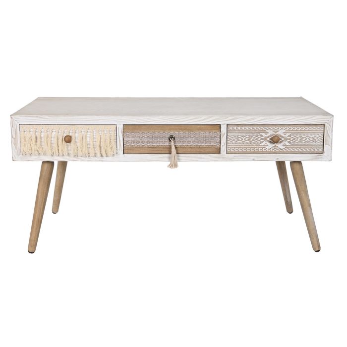 DKD Home Decor Mesa Centro Boho Blanco Natural Madera de Abeto y Algodón 110x60x50 cm 5
