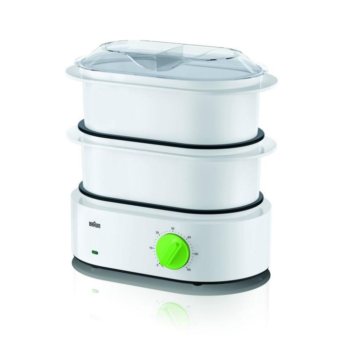 Braun FS3000WH Cocina a Vapor 850W con 2 Cuencos Apilables 3.1L, Antimanchas, Apto Lavavajillas, Accesorio Arrocera, Blanco/Verde 1 Braun FS3000WH Cocina a Vapor 850W con 2 Cuencos Apilables 3.1L, Antimanchas, Apto Lavavajillas, Accesorio Arrocera, Blanco/Verde 1