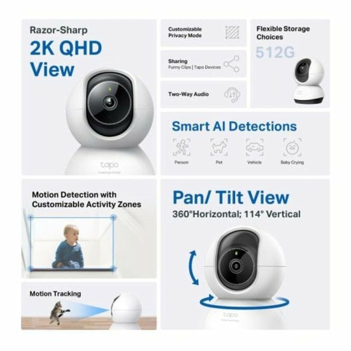 Tp - link Tapo TC72 Cámara Seguridad WiFi 360° 2K, Visión Nocturna, Detección IA, Alarma Luz/Sonido, Control Voz 1