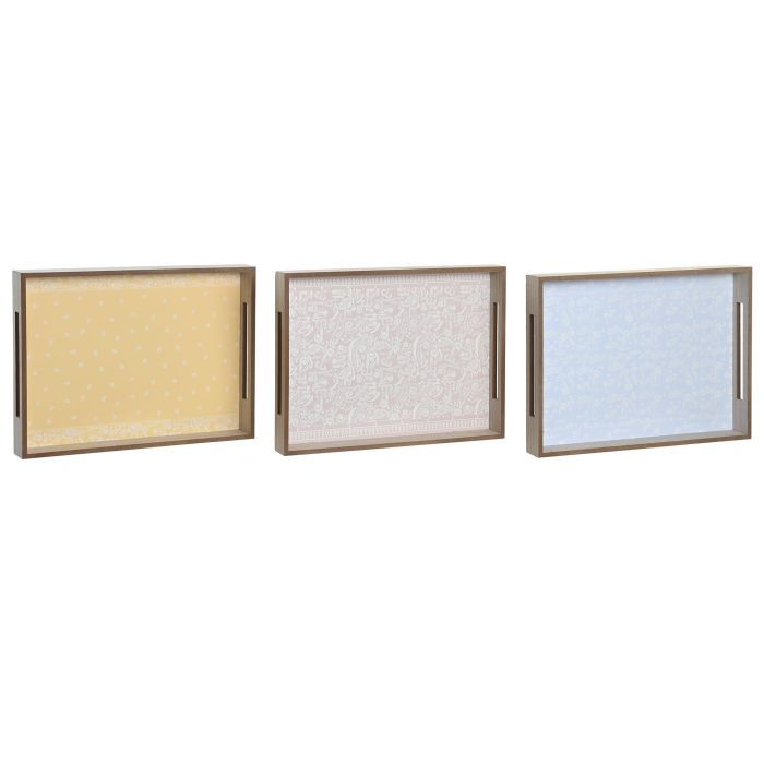 DKD Home Decor Bandeja Decorativa Estilo Shabby de MDF, Pack 3 Unidades en Colores Surtidos Rosa, Azul y Amarillo 40x30x5 cm