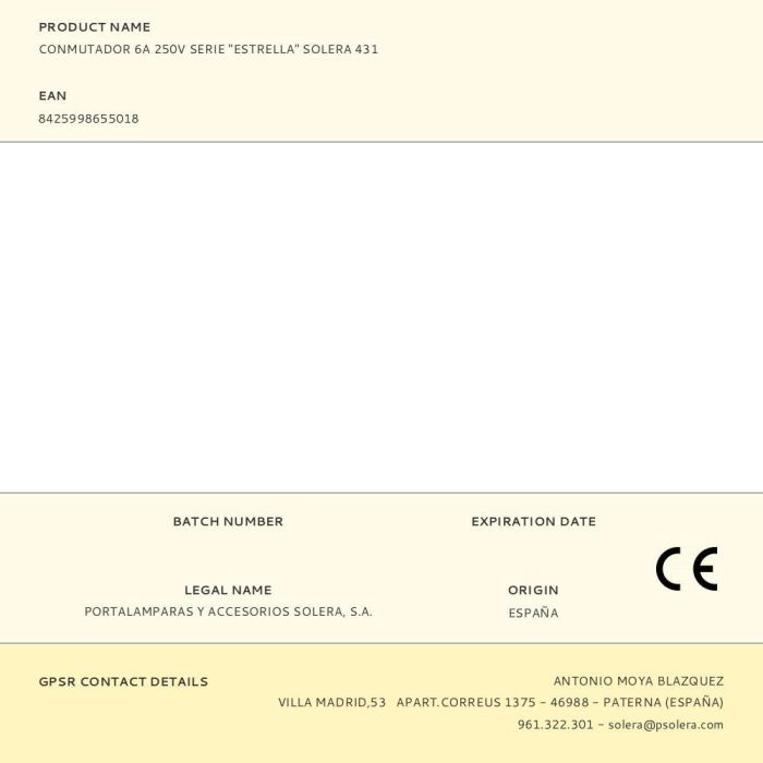 Solera Conmutador 6A 250V Serie Estrella Solera 431 Blanco Polipropileno Empotrar 1