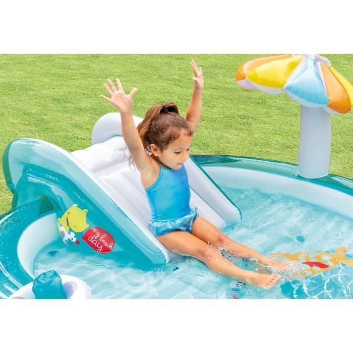 Intex Centro de juegos acuático Cocodrilo hinchable con tobogán, rociador y paraguas, vinilo resistente, para niños +2 años. 3