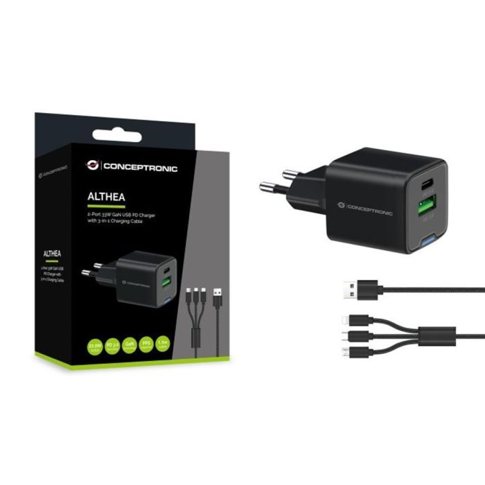 Cargador Pared Conceptronic Althea16B 33 W + 2 Cargador Pared Conceptronic Althea16B 33 W + 2