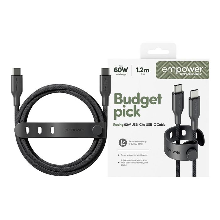 PanzerGlass Racing 60W USB-C to USB-C Cable | USB 2.0 | 1.2m | Cable Negro - Modelo empower™ 1