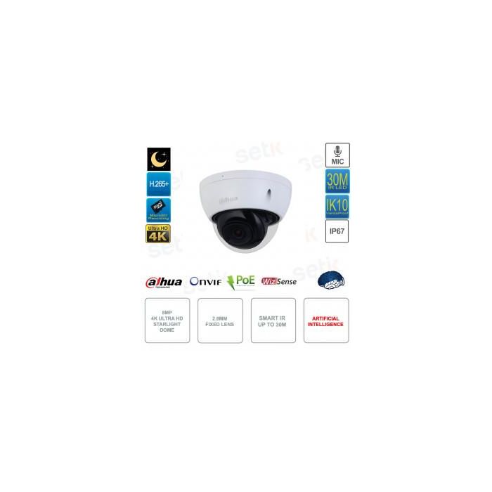 (Dh-Ipc-Hdbw2841Ep-S-0280B) Dahua Cámara Ip Domo Antivandálico Wizsense Lite Serie 2 8Mp Ir 30M Wdr Soporta Microsd 256Gb con Inteligencia Artificial Micrófono Incorporado Óptica Fija 2.8Mm Poe